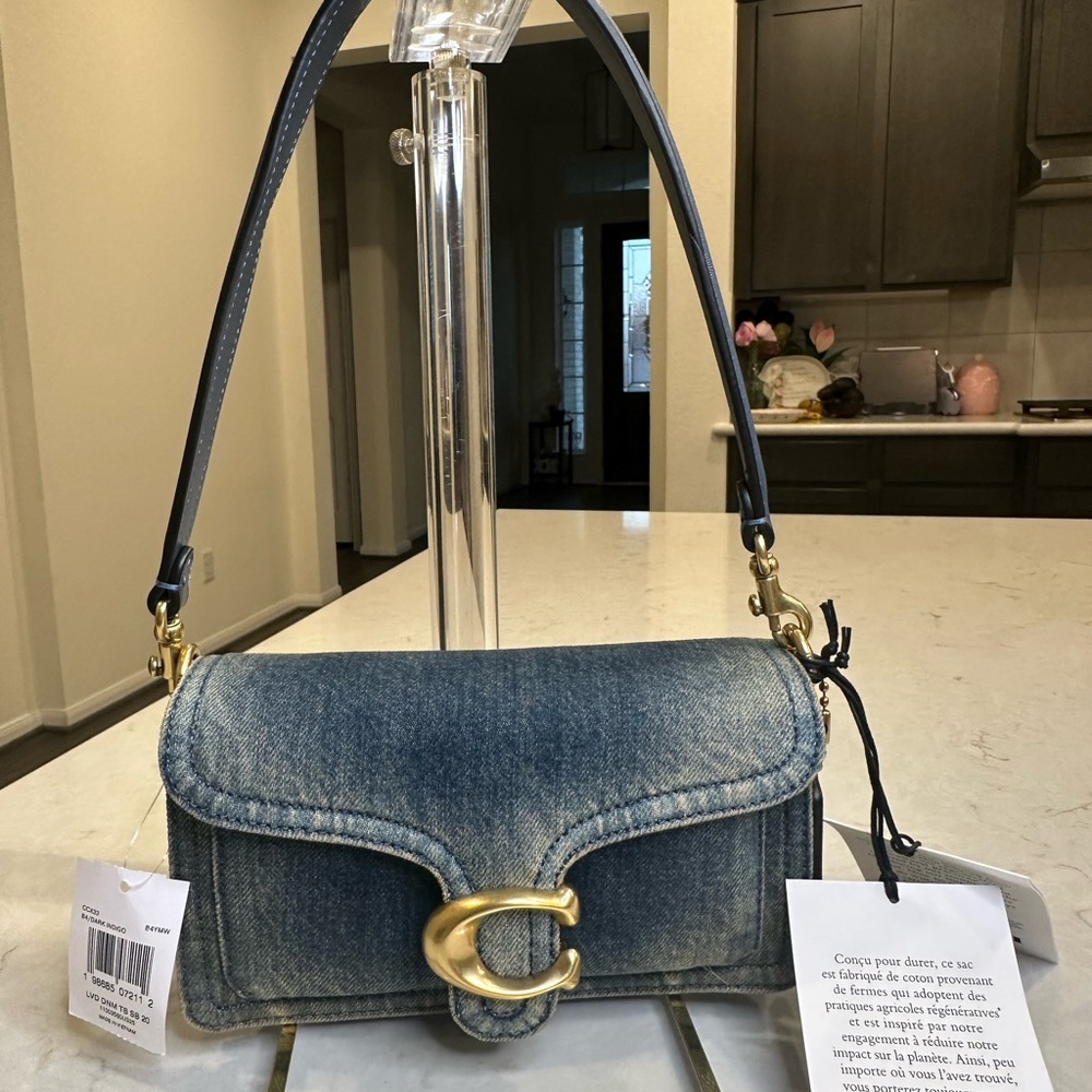 Coach Denim Shoulder Bag with Navy Strap and Gold 'C' Accent